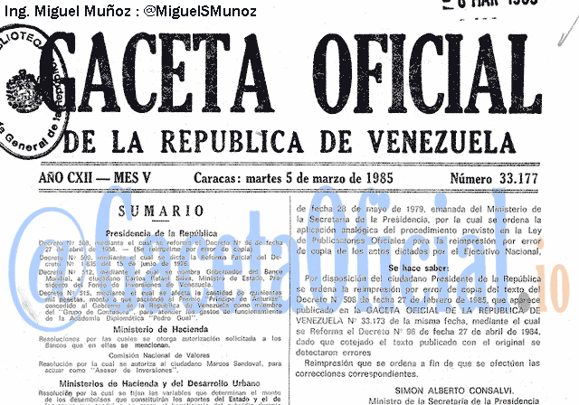 Gaceta Oficial 33177 del 5 Marzo 1985
