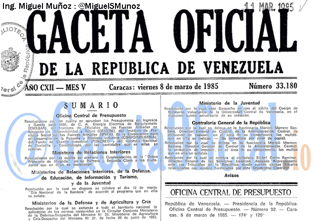 Gaceta Oficial 33180 del 8 Marzo 1985