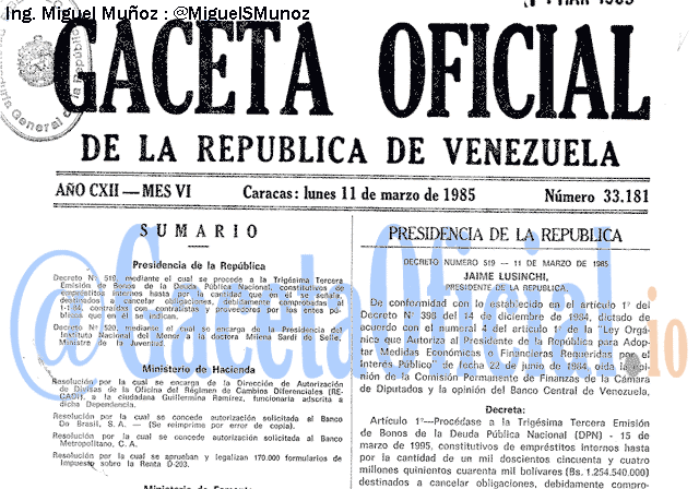 Gaceta Oficial 33181 del 11 Marzo 1985