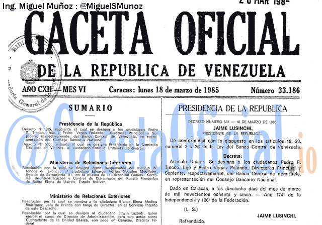 Gaceta Oficial 33186 del 18 Marzo 1985