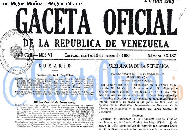 Gaceta Oficial 33187 del 19 Marzo 1985