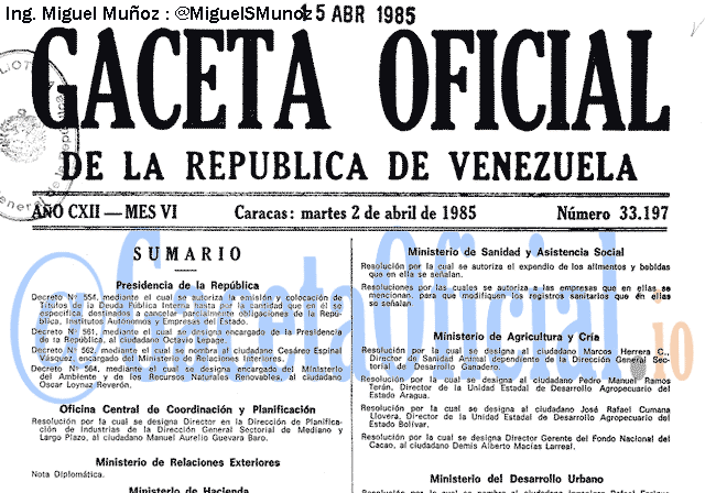 Gaceta Oficial 33197 del 2 Abril 1985