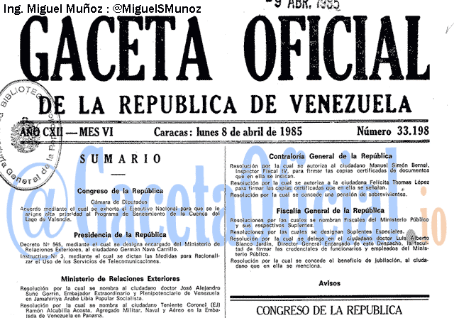 Gaceta Oficial 33198 del 8 Abril 1985