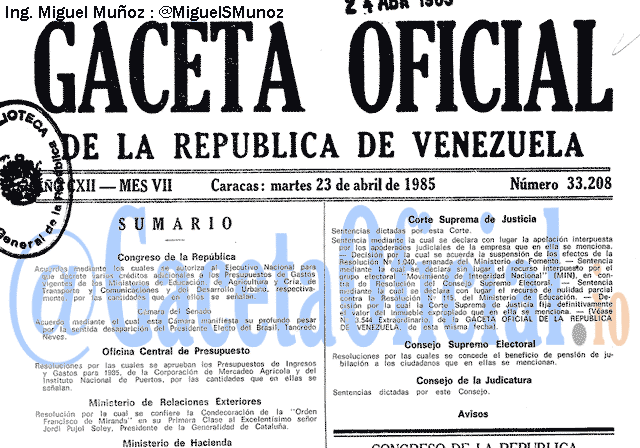 Gaceta Oficial 33208 del 23 Abril 1985