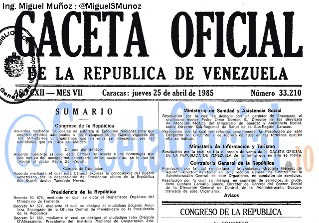 Gaceta Oficial 33210 del 25 Abril 1985