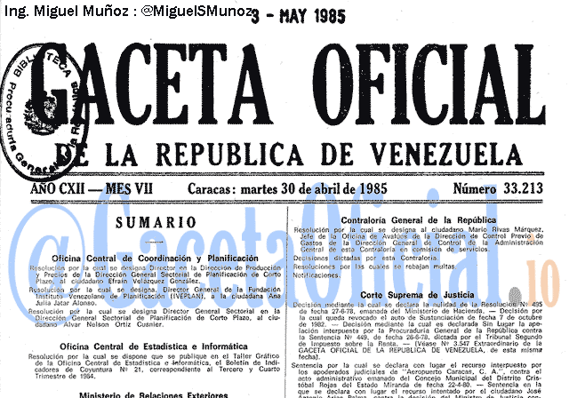 Gaceta Oficial 33213 del 30 Abril 1985