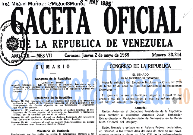 Gaceta Oficial 33214 del 2 Mayo 1985
