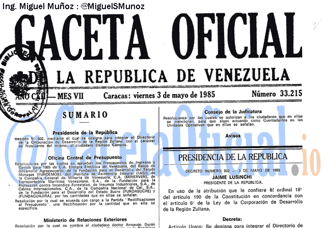 Gaceta Oficial 33215 del 3 Mayo 1985