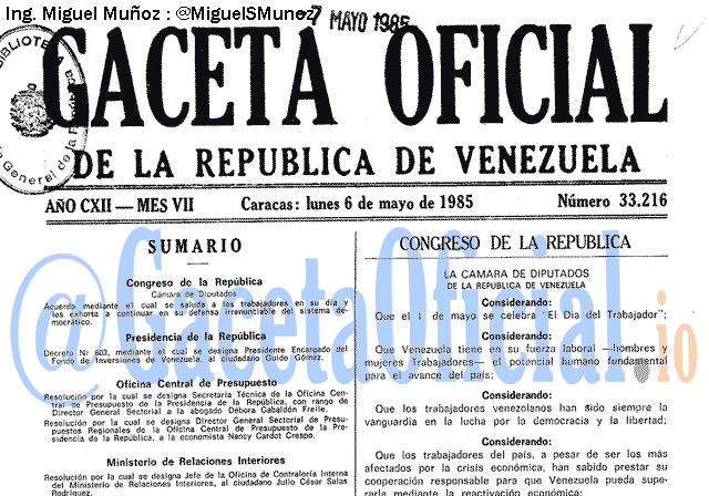 Gaceta Oficial 33216 del 6 Mayo 1985