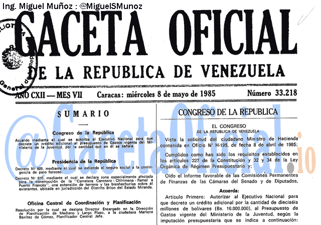 Gaceta Oficial 33218 del 8 Mayo 1985