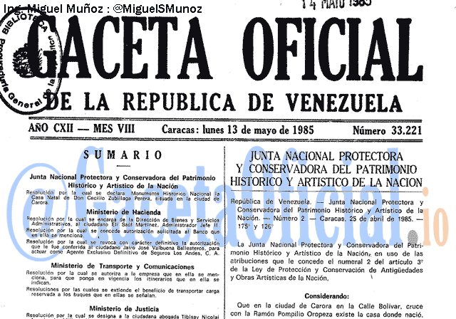 Gaceta Oficial 33221 del 13 Mayo 1985
