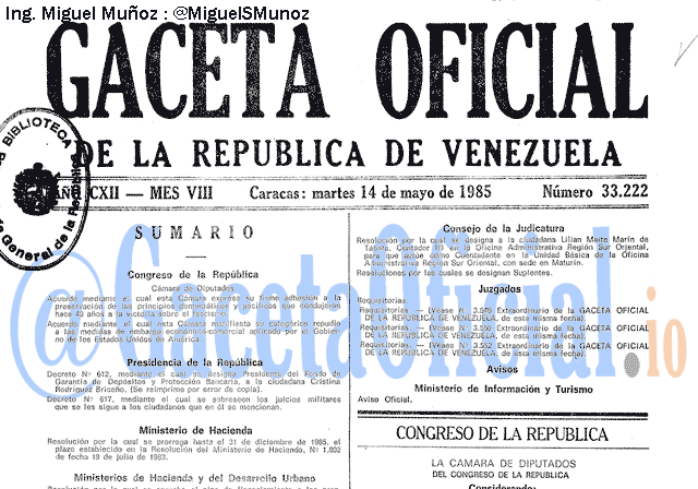 Gaceta Oficial 33222 del 14 Mayo 1985