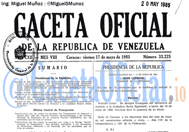 Gaceta Oficial 33225 del 17 Mayo 1985