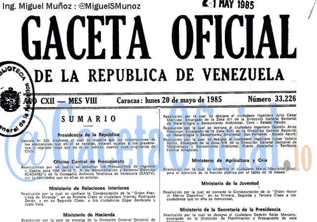 Gaceta Oficial 33226 del 20 Mayo 1985