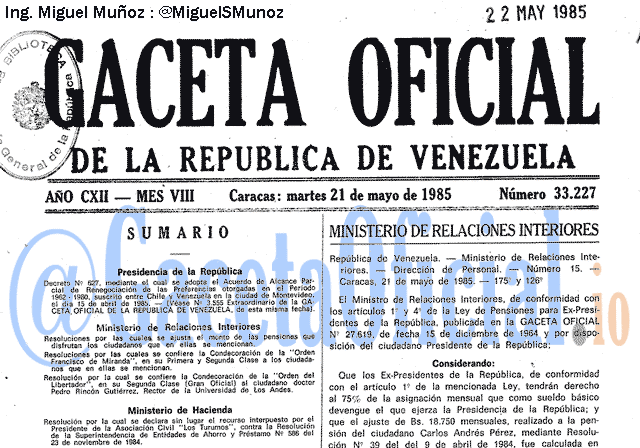 Gaceta Oficial 33227 del 21 Mayo 1985