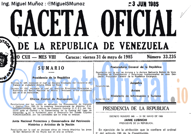 Gaceta Oficial 33235 del 31 Mayo 1985