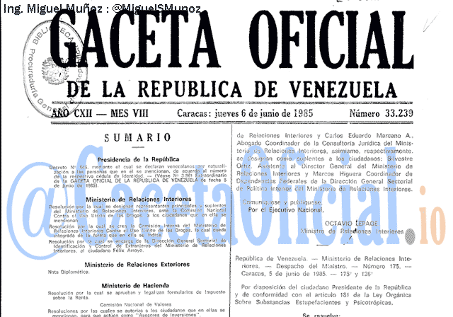 Gaceta Oficial 33239 del 6 Junio 1985