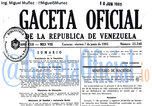 Gaceta Oficial 33240 del 7 Junio 1985