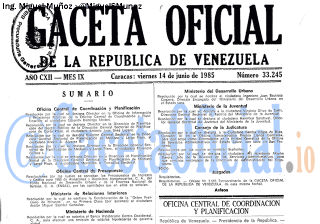 Gaceta Oficial 33245 del 14 Junio 1985