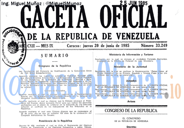 Gaceta Oficial 33249 del 20 Junio 1985