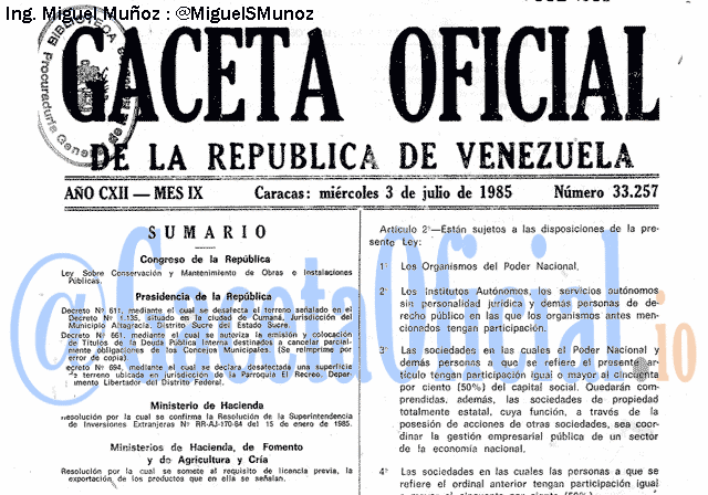 Gaceta Oficial 33257 del 3 Julio 1985