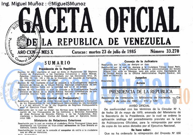 Gaceta Oficial 33270 del 23 Julio 1985
