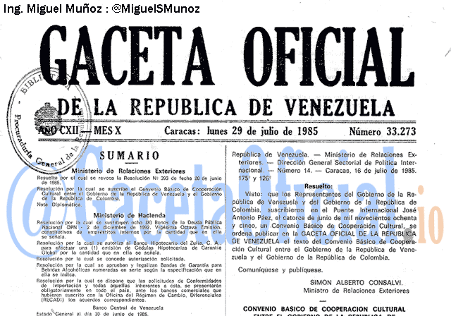 Gaceta Oficial 33273 del 29 Julio 1985