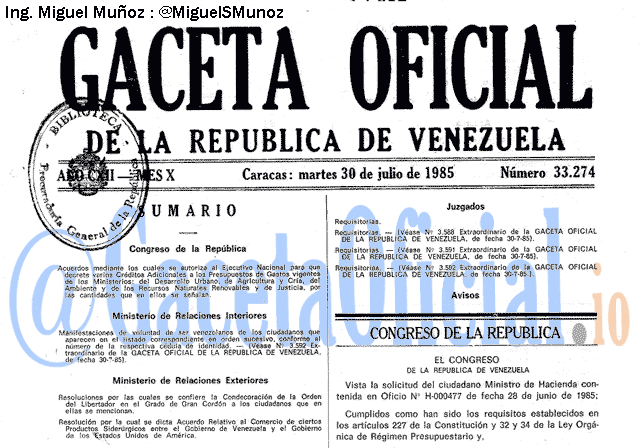 Gaceta Oficial 33274 del 30 Julio 1985