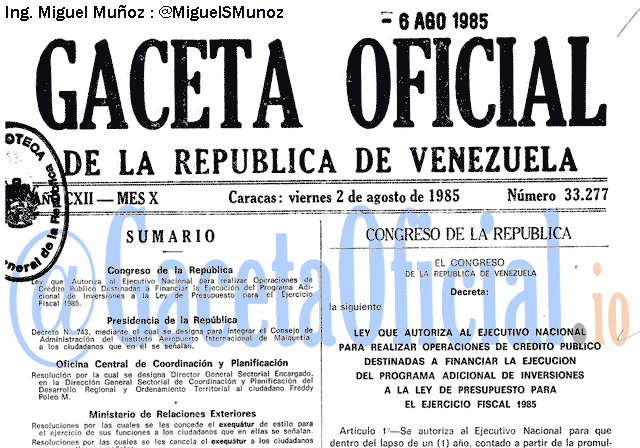 Gaceta Oficial 33277 del 2 Agosto 1985