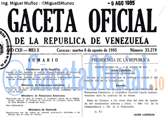 Gaceta Oficial 33279 del 6 Agosto 1985