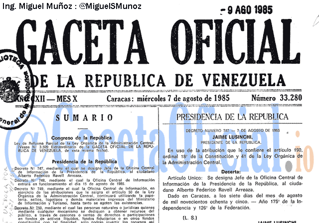 Gaceta Oficial 33280 del 7 Agosto 1985