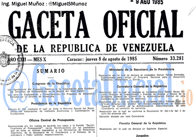 Gaceta Oficial 33281 del 8 Agosto 1985