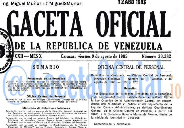 Gaceta Oficial 33282 del 9 Agosto 1985