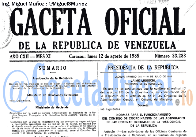 Gaceta Oficial 33283 del 12 Agosto 1985