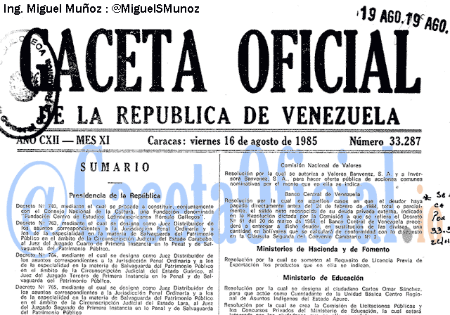 Gaceta Oficial 33287 del 16 Agosto 1985