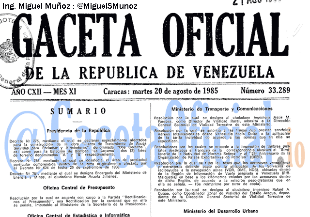 Gaceta Oficial 33289 del 20 Agosto 1985