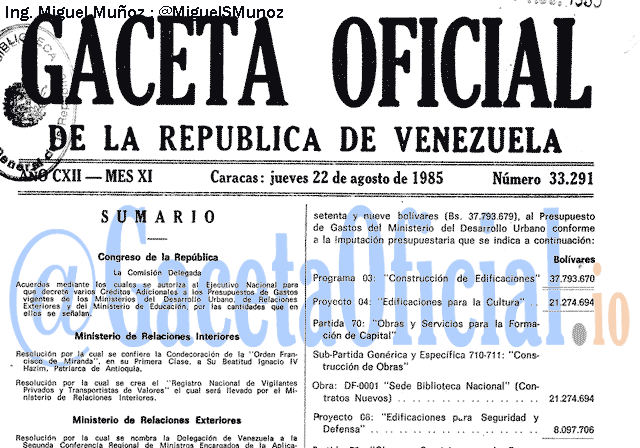 Gaceta Oficial 33291 del 22 Agosto 1985