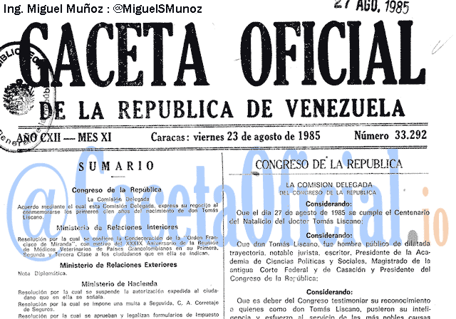 Gaceta Oficial 33292 del 23 Agosto 1985
