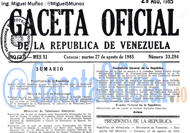 Gaceta Oficial 33294 del 27 Agosto 1985