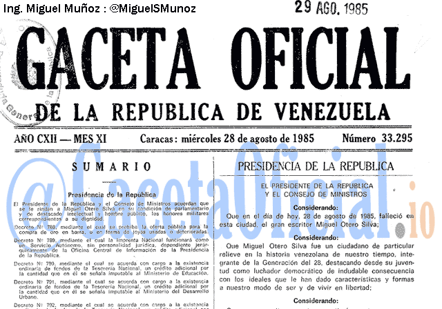 Gaceta Oficial 33295 del 28 Agosto 1985