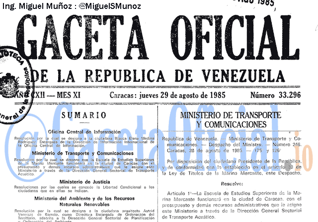 Gaceta Oficial 33296 del 29 Agosto 1985