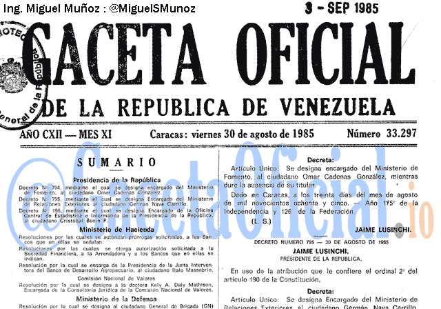 Gaceta Oficial 33297 del 30 Agosto 1985