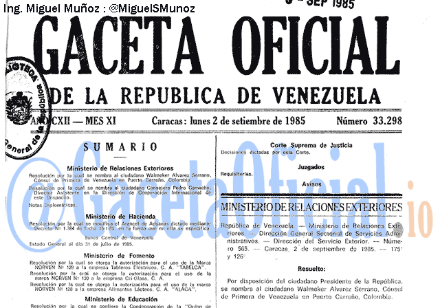 Gaceta Oficial 33298 del 2 Septiembre 1985