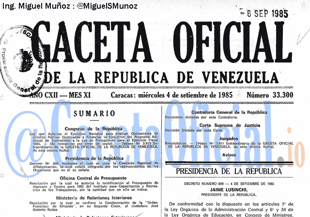 Gaceta Oficial 33300 del 4 Septiembre 1985