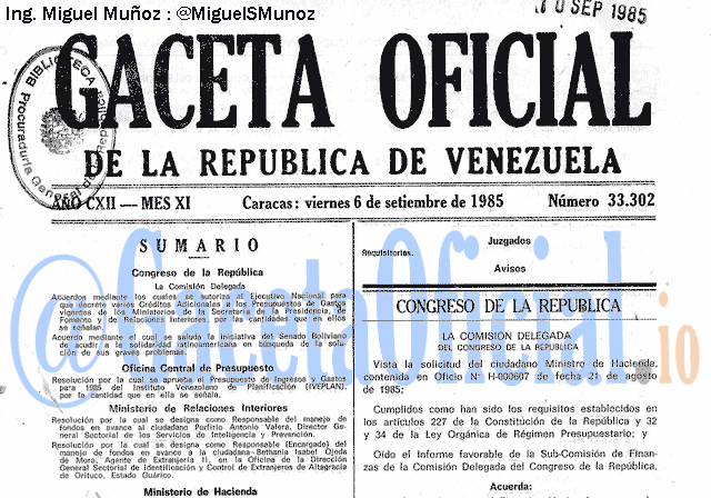 Gaceta Oficial 33302 del 6 Septiembre 1985