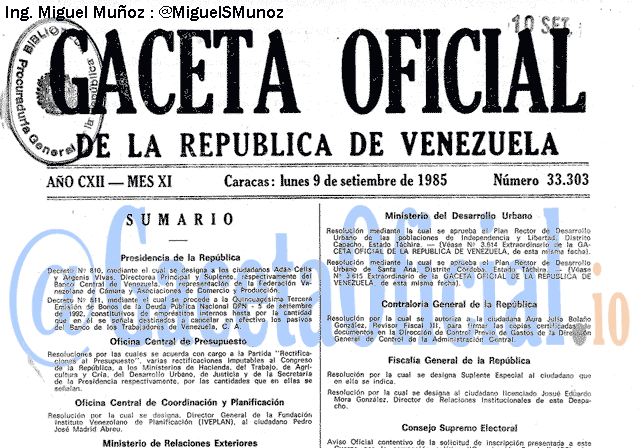 Gaceta Oficial 33303 del 9 Septiembre 1985