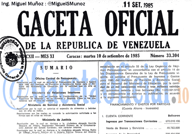 Gaceta Oficial 33304 del 10 Septiembre 1985