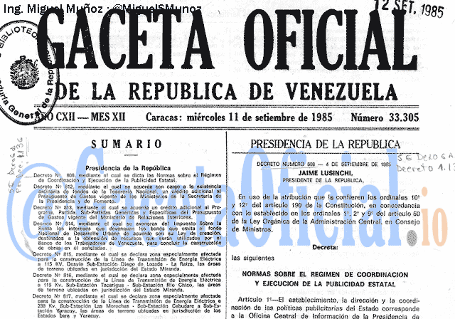 Gaceta Oficial 33305 del 11 Septiembre 1985