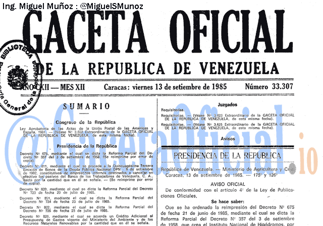 Gaceta Oficial 33307 del 13 Septiembre 1985