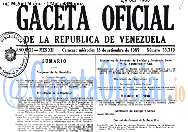 Gaceta Oficial 33310 del 18 Septiembre 1985